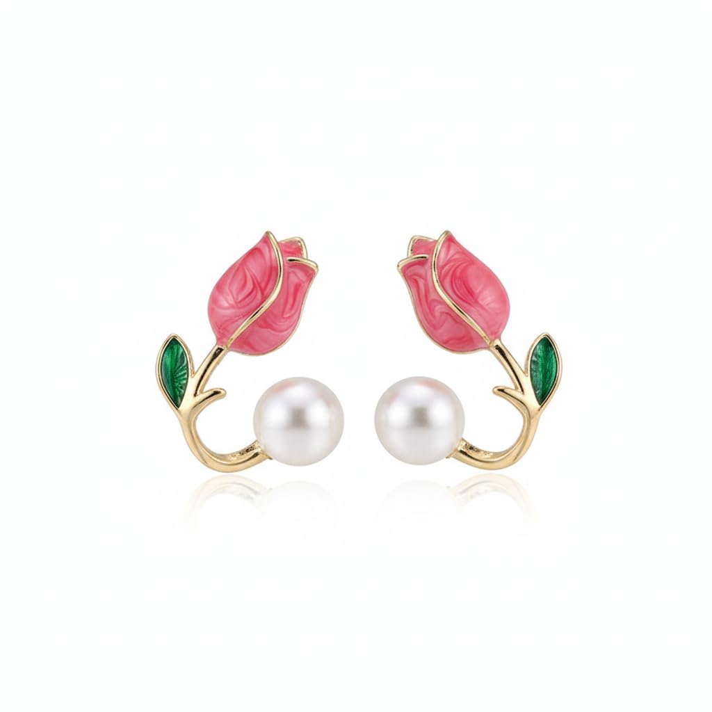 ShivAura Rose & Pearl Stud Earrings for Women | Elegant Pink Flower Pearl Earrings | Korean Style Trendy Fashion Jewellery