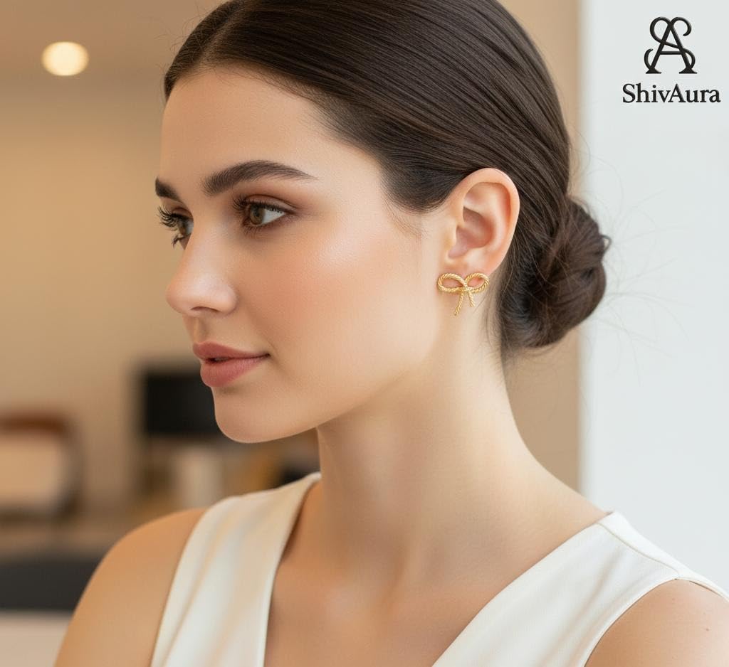 ShivAura Gold Bow Stud Earrings for Women – Anti Tarnish Minimalist Korean Style Earrings | Premium Fashion Jewelry Online