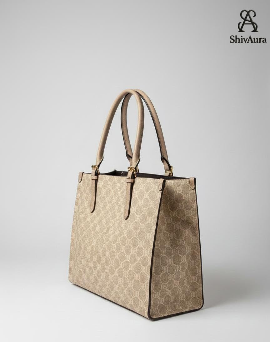ShivAura Women’s Beige Printed Tote Handbag | Premium PU Leather Large Capacity Office & Casual Shoulder Bag | Elegant Designer Purse