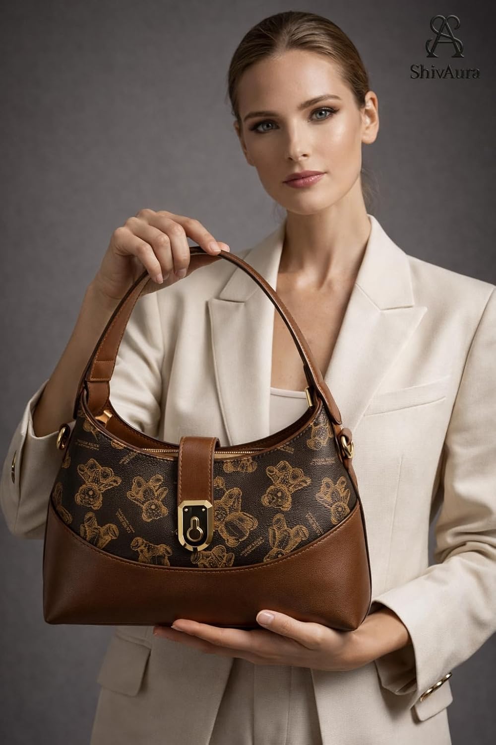 ShivAura Women’s Brown Designer Shoulder Bag | Premium PU Leather Handbag with Printed Pattern | Stylish Everyday Purse for Work, Party & Casual Use