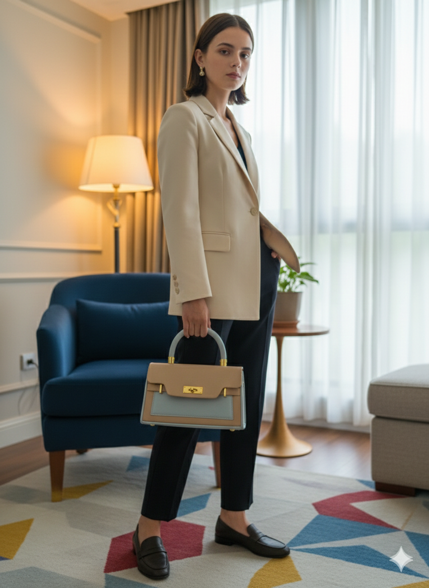 Shivaura Vintage-Inspired Monogram Satchel – Elegant Top-Handle Crossbody with Vegan Leather Trim