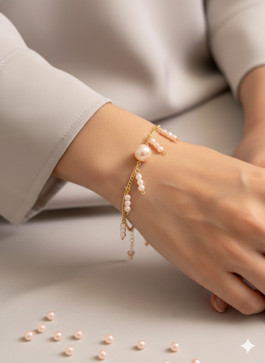 ShivAura Pink Pearl Charm Bracelet with Gold Finish Chain | Elegant Handmade Jewellery for Women