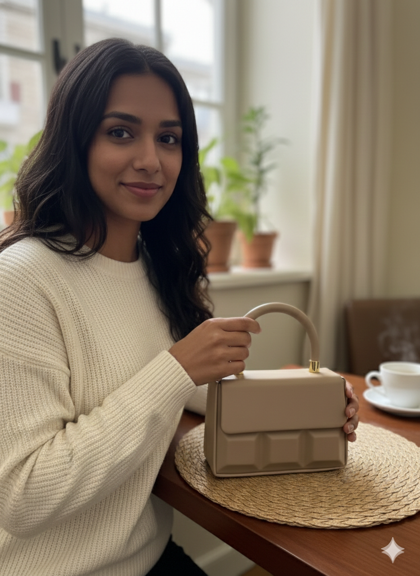 ShivAura Sculpted Elegance Top-Handle Bag – Minimalist Geometric Structured Handbag in Sand Beige