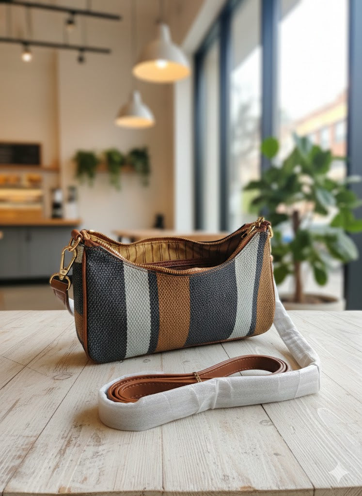 ShivAura Striped Woven Shoulder Bag for Women – Stylish Mini Hobo Handbag with Front Zip Pocket & Premium Finish