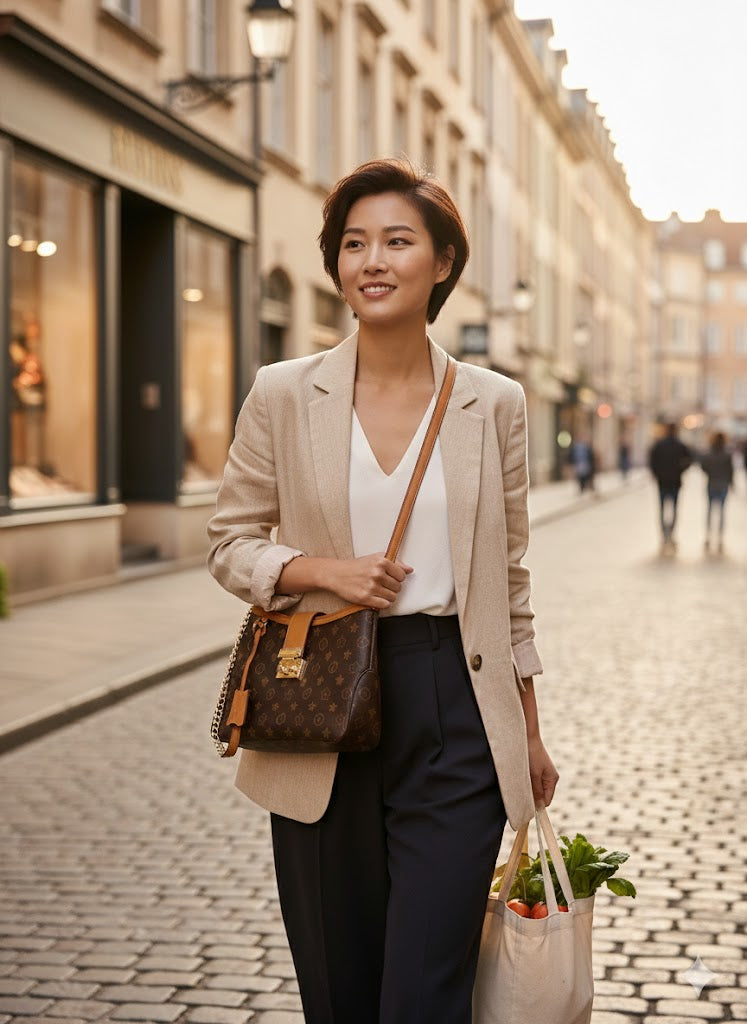 Premium Monogram Lock Shoulder Bag for Women – Elegant Structured Handbag with Gold Lock Detail