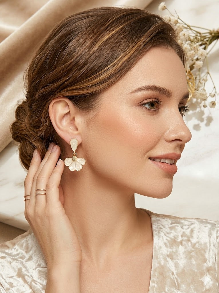 Ivory Petal & Gold Drop Earrings – Vintage-Inspired Floral Dangles