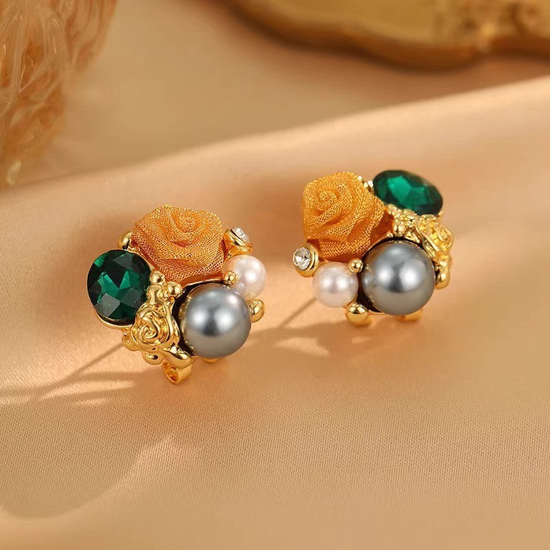 Vintage Gold Rose Stud Earrings – Emerald Green Crystal & Pearl Cluster Statement Earrings – Luxury Floral Jewelry for Women