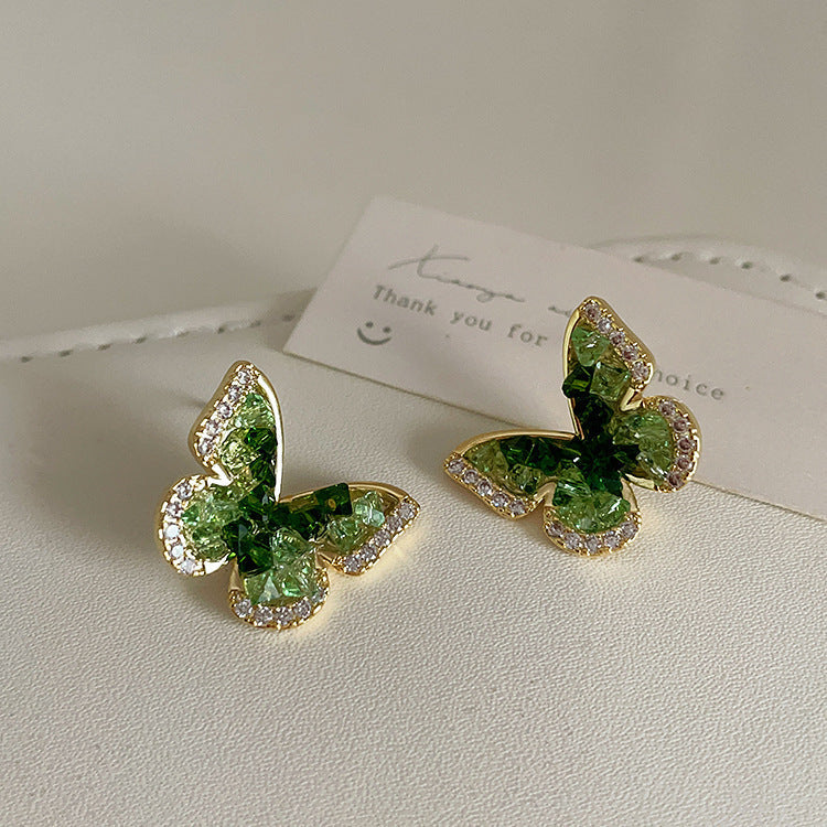 Luxury Green Crystal Butterfly Stud Earrings – Gold Pave Rhinestone Statement Earrings – Elegant Vintage Inspired Jewelry for Women
