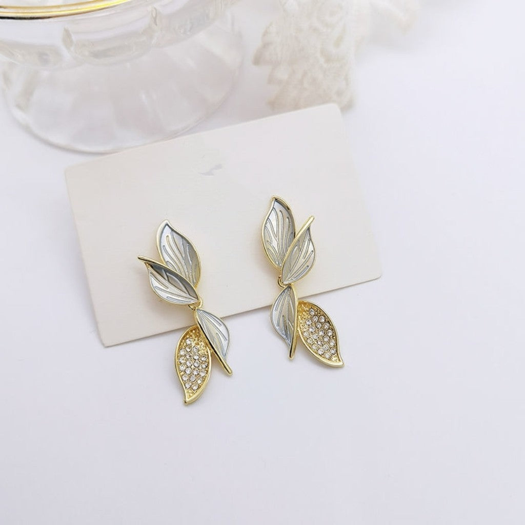 Elegant White Leaf Drop Earrings – Gold Plated Statement Party Wear Jewellery