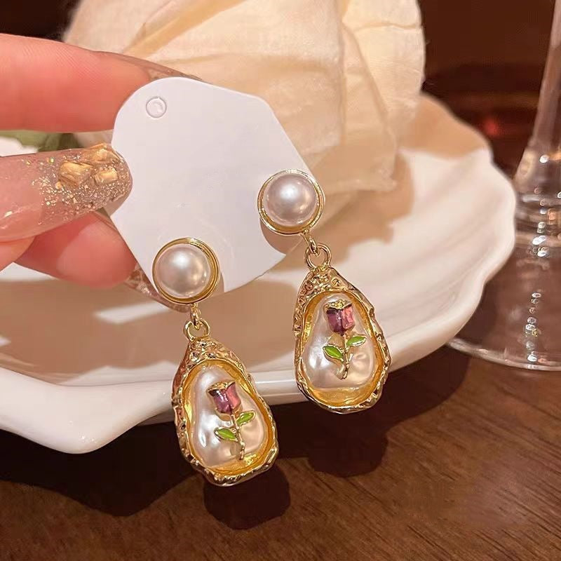 Golden Baroque Pearl Rose Drop Earrings – Elegant Floral Statement Jewellery for Women Monnet Flower Pearl Earrings