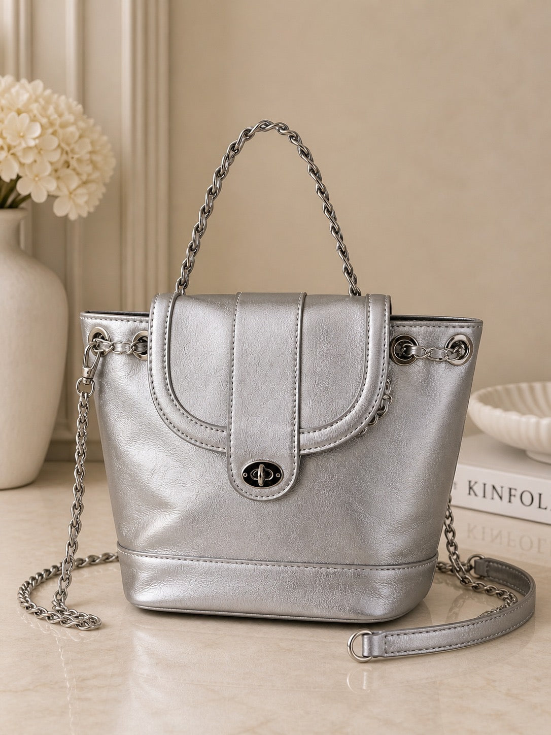 ShivAura Luxe Metallic Silver Convertible Backpack Handbag