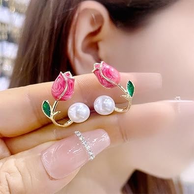 ShivAura Rose & Pearl Stud Earrings for Women | Elegant Pink Flower Pearl Earrings | Korean Style Trendy Fashion Jewellery