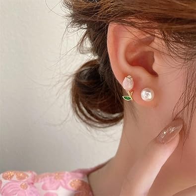ShivAura Rose & Pearl Stud Earrings for Women | Elegant Pink Flower Pearl Earrings | Korean Style Trendy Fashion Jewellery