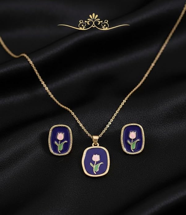 ShivAura Premium Floral Necklace & Earrings Set for Women | Korean Style Blue Enamel Tulip Design | Anti-Tarnish Luxury Fashion Jewellery