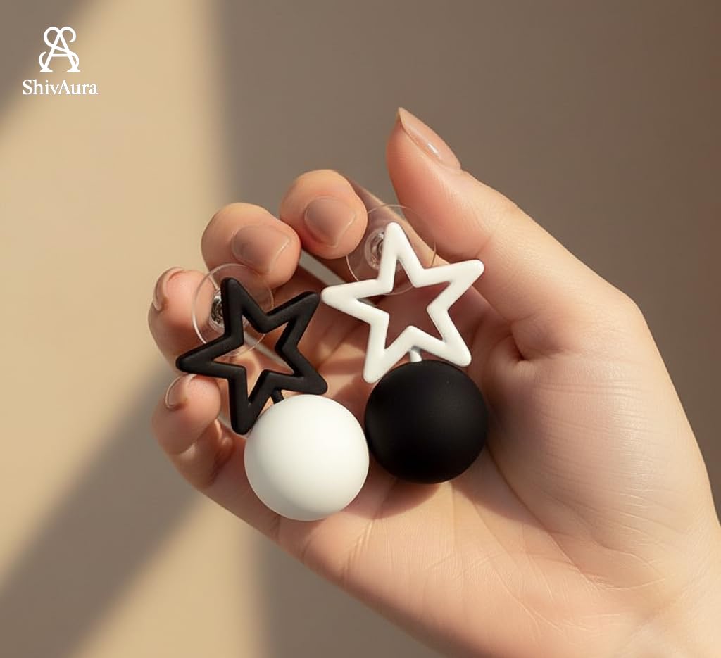 ShivAura Minimal Star & Ball Drop Earrings for Women | Black & White Acrylic Statement Earrings | Trendy Korean Style Jewellery