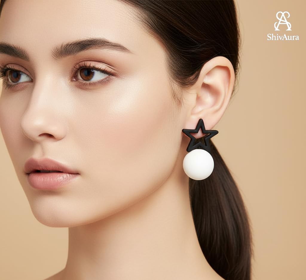 ShivAura Minimal Star & Ball Drop Earrings for Women | Black & White Acrylic Statement Earrings | Trendy Korean Style Jewellery