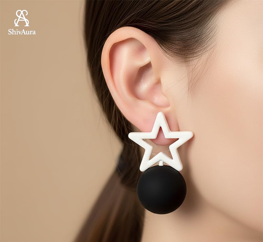ShivAura Minimal Star & Ball Drop Earrings for Women | Black & White Acrylic Statement Earrings | Trendy Korean Style Jewellery