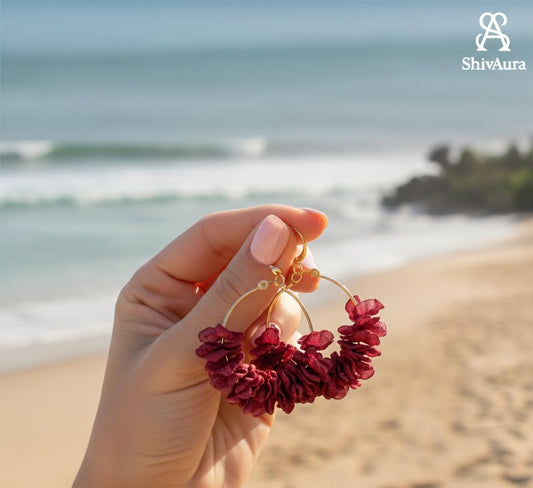 ShivAura Floral Hoop Earrings for Women | Handmade Maroon Flower Earrings | Lightweight Boho & Beach Style Fashion Jewellery