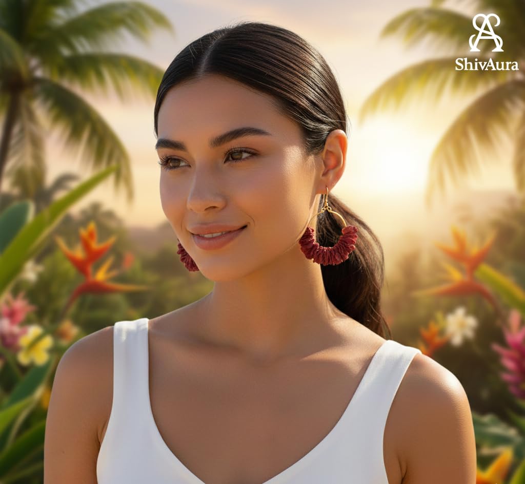 ShivAura Floral Hoop Earrings for Women | Handmade Maroon Flower Earrings | Lightweight Boho & Beach Style Fashion Jewellery
