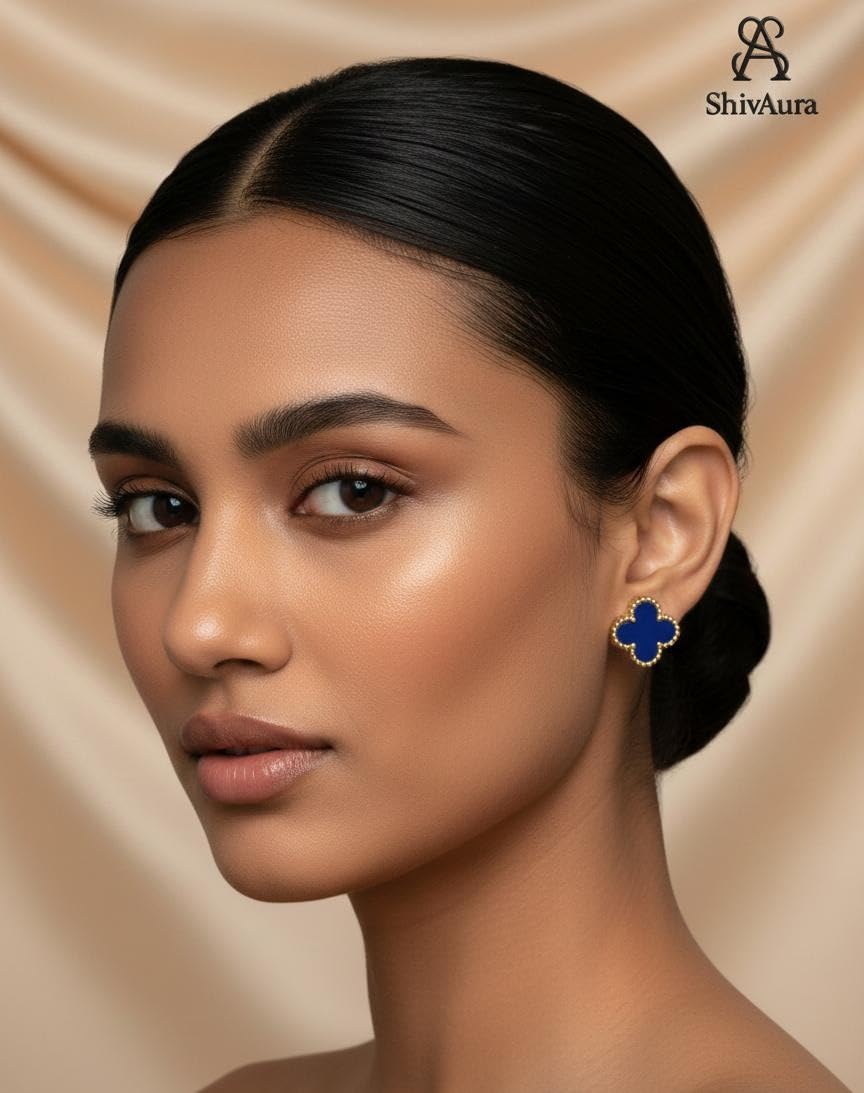 ShivAura Clover Stud Earrings for Women | Blue & Maroon Enamel Gold-Tone Earrings | Elegant Minimal Fashion Jewellery