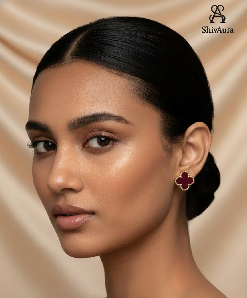 ShivAura Clover Stud Earrings for Women | Blue & Maroon Enamel Gold-Tone Earrings | Elegant Minimal Fashion Jewellery