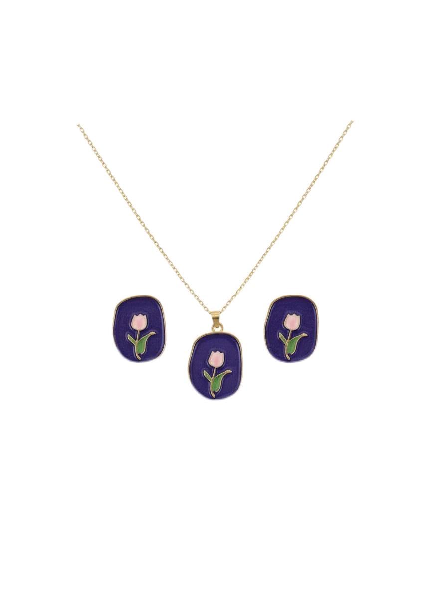 ShivAura Premium Floral Necklace & Earrings Set for Women | Korean Style Blue Enamel Tulip Design | Anti-Tarnish Luxury Fashion Jewellery