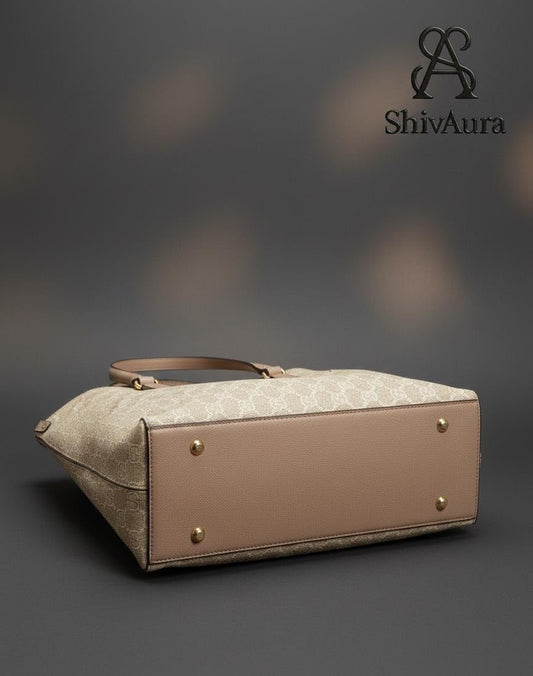 ShivAura Women’s Beige Printed Tote Handbag | Premium PU Leather Large Capacity Office & Casual Shoulder Bag | Elegant Designer Purse