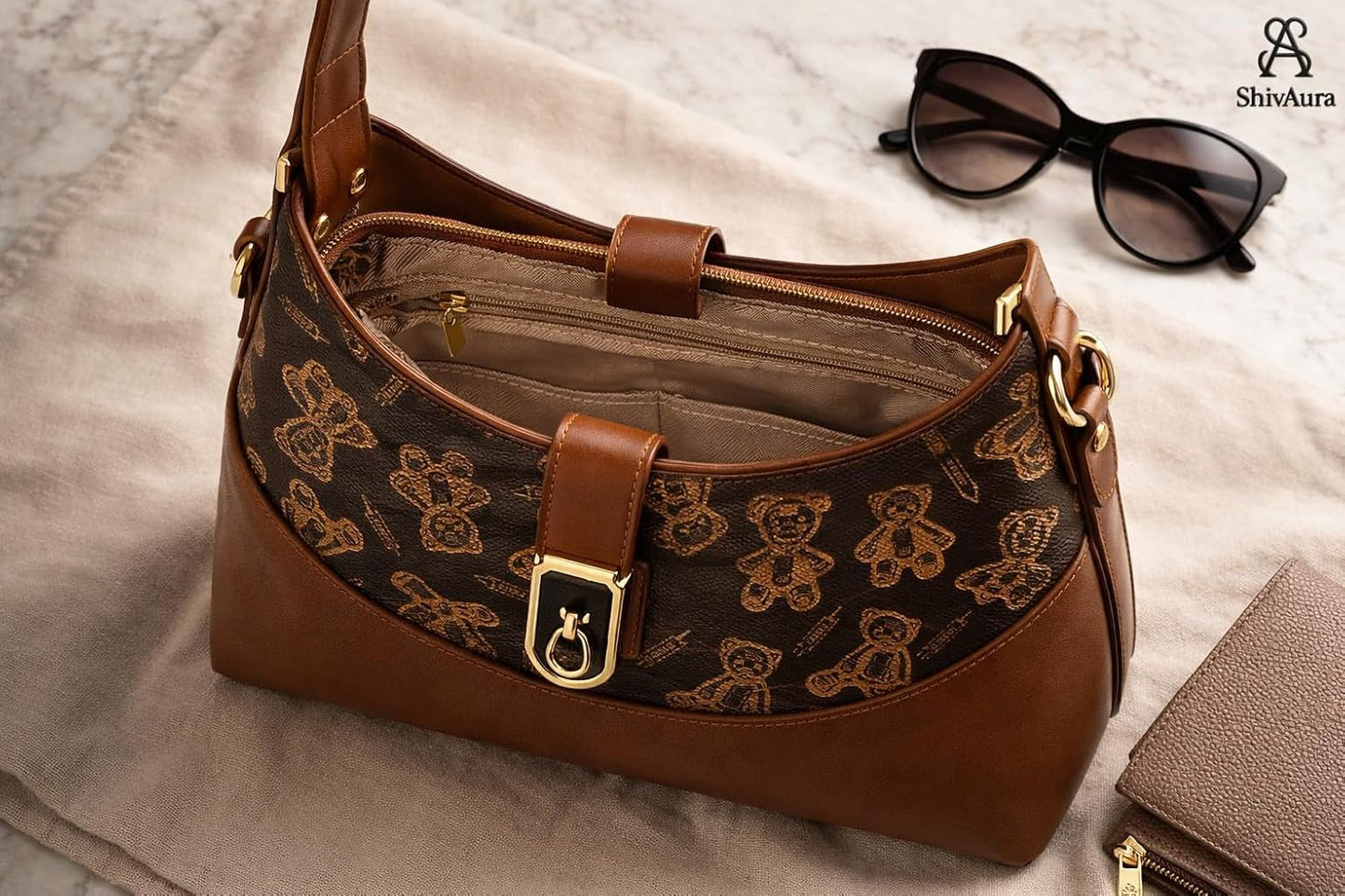 ShivAura Women’s Brown Designer Shoulder Bag | Premium PU Leather Handbag with Printed Pattern | Stylish Everyday Purse for Work, Party & Casual Use