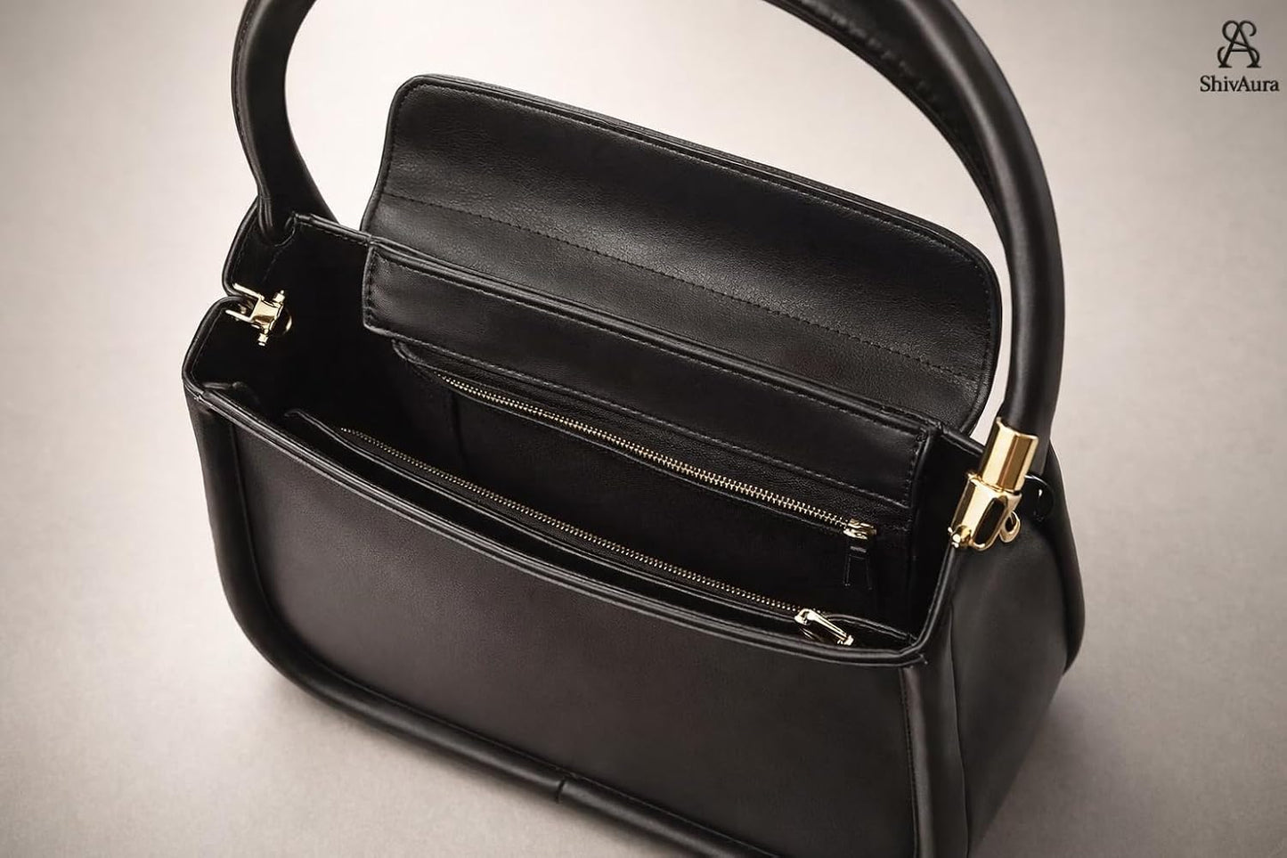 ShivAura Women’s Elegant Black Top Handle Handbag | Premium PU Leather Structured Purse | Classic Office & Party Wear Shoulder Bag