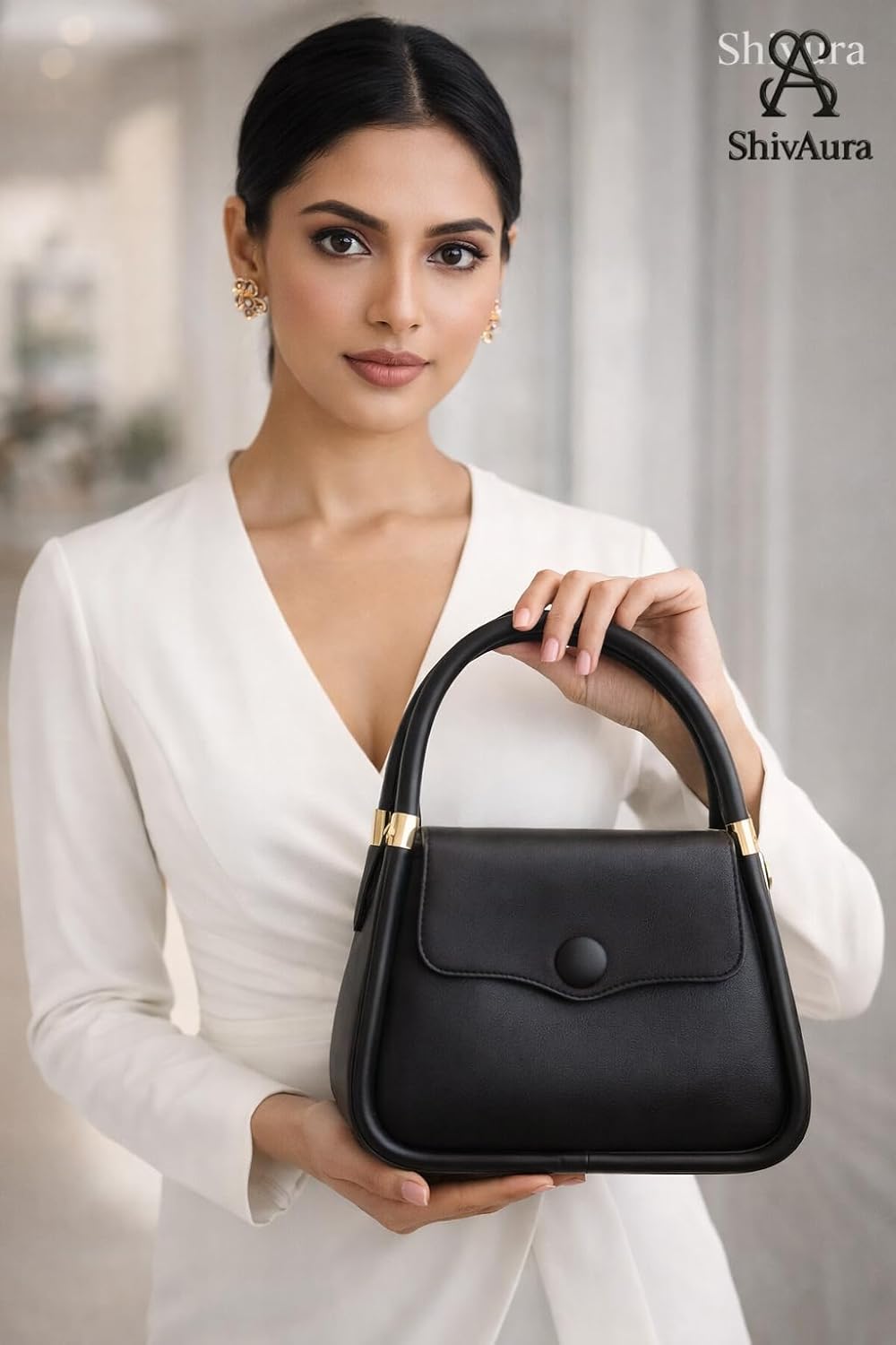 ShivAura Women’s Elegant Black Top Handle Handbag | Premium PU Leather Structured Purse | Classic Office & Party Wear Shoulder Bag