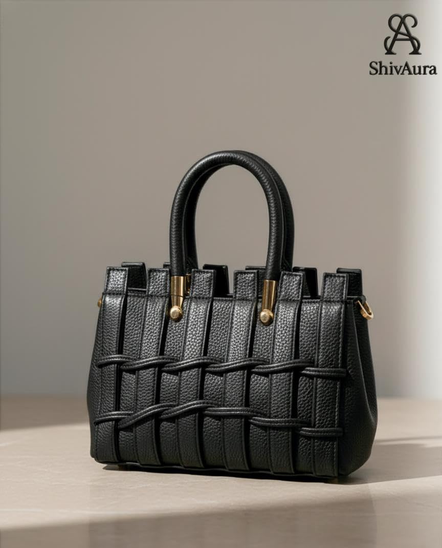 ShivAura Women’s Black Woven Top Handle Handbag | Premium PU Leather Designer Purse | Elegant Office, Party & Casual Wear Bag