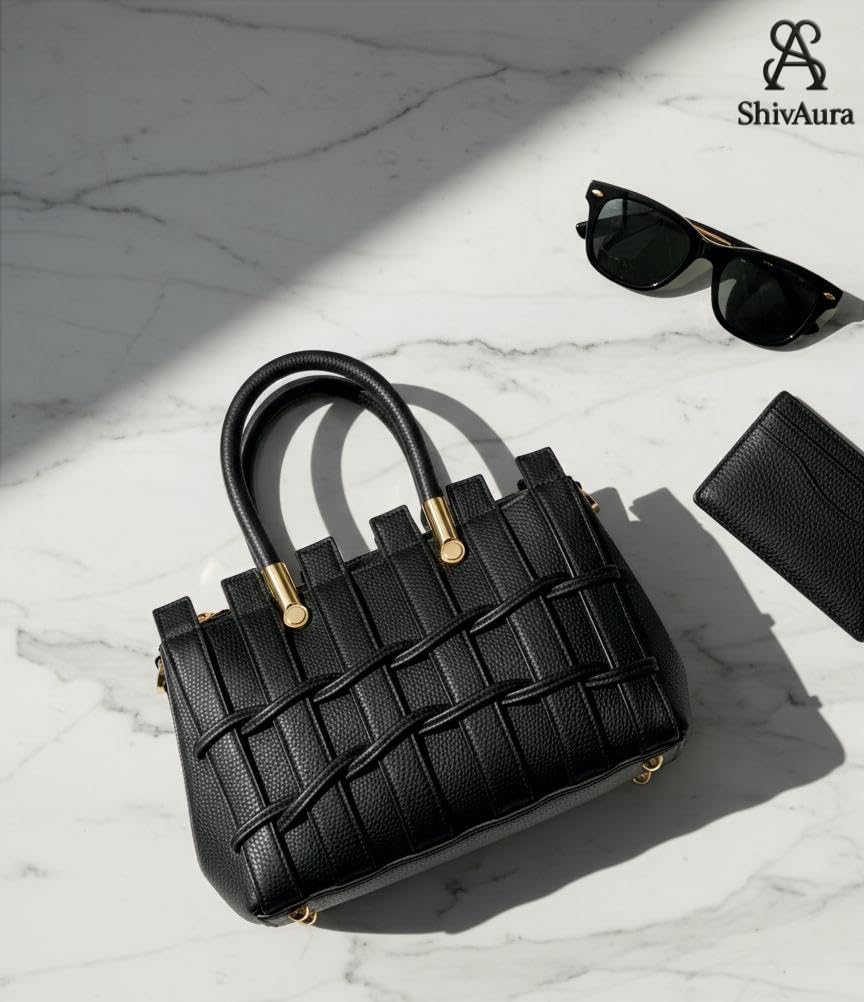ShivAura Women’s Black Woven Top Handle Handbag | Premium PU Leather Designer Purse | Elegant Office, Party & Casual Wear Bag