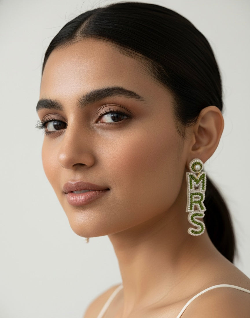Hand-Beaded "MRS" Bridal Statement Earrings – Sage Green & Pearl White