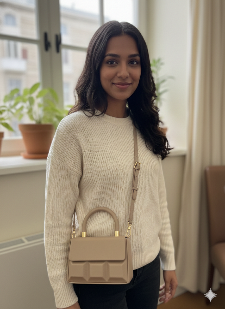 ShivAura Sculpted Elegance Top-Handle Bag – Minimalist Geometric Structured Handbag in Sand Beige