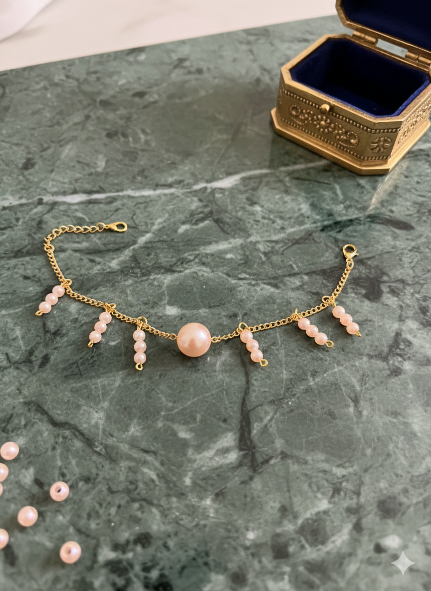 ShivAura Pink Pearl Charm Bracelet with Gold Finish Chain | Elegant Handmade Jewellery for Women