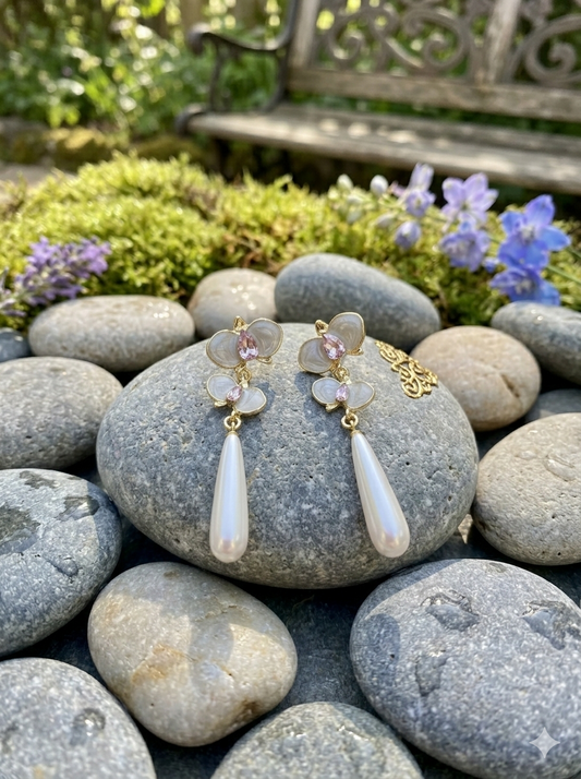 Elegant Floral Pearl Drop Earrings – Gold Plated Pink Crystal Statement