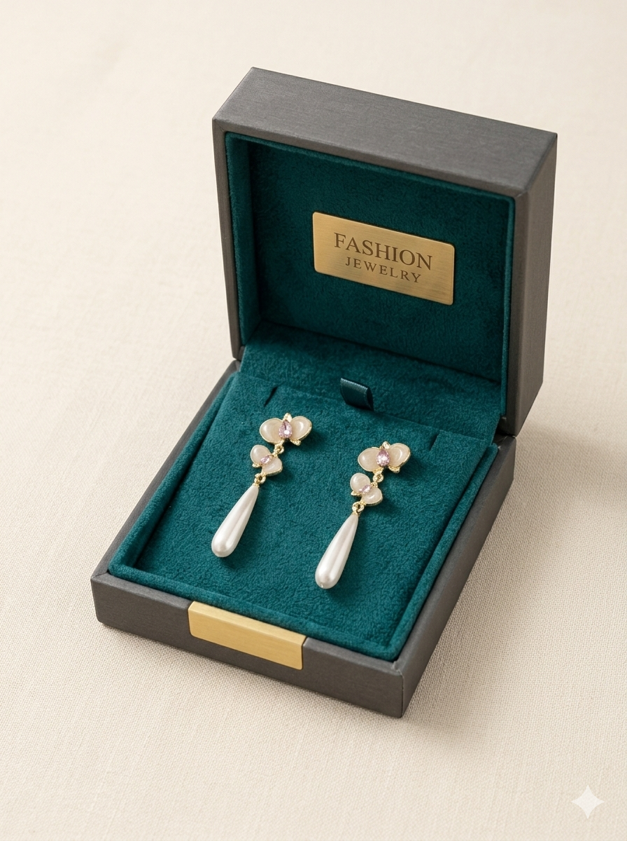 Elegant Floral Pearl Drop Earrings – Gold Plated Pink Crystal Statement