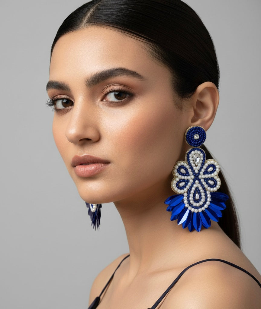 Midnight Blue & Pearl Mosaic Hand-Beaded Tassel Statement Earrings