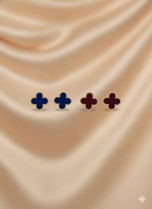 ShivAura Clover Shape Stud Earrings Set for Women | Gold Finish Blue & Maroon Stone Elegant Studs