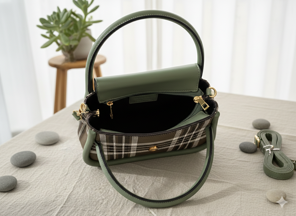 ShivAura Heritage Plaid Top-Handle Bag – Sage Green Structured Satchel with Classic Tartan Accent