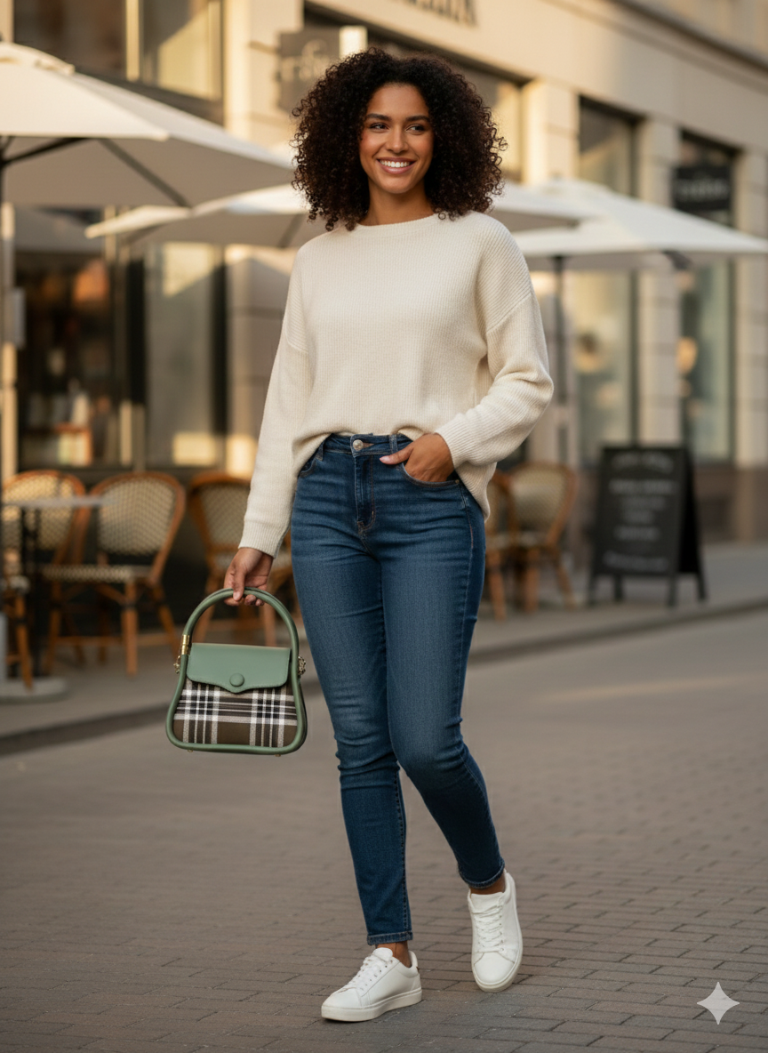 ShivAura Heritage Plaid Top-Handle Bag – Sage Green Structured Satchel with Classic Tartan Accent