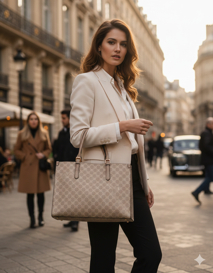 ShivAura Women’s Beige Printed Tote Handbag | Premium PU Leather Large Capacity Office & Casual Shoulder Bag | Elegant Designer Purse