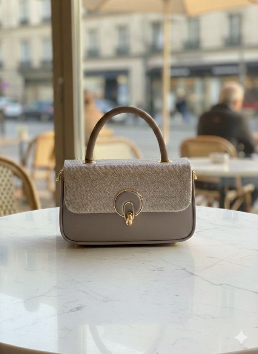 Elegant Grey Structured Top Handle Handbag with Gold Lock – Premium Minimalist Shoulder & Hand Carry Bag for Women
