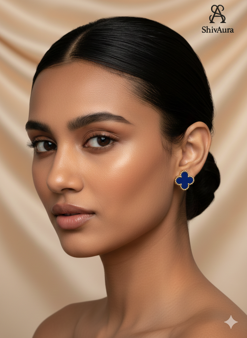 ShivAura Clover Shape Stud Earrings Set for Women | Gold Finish Blue & Maroon Stone Elegant Studs