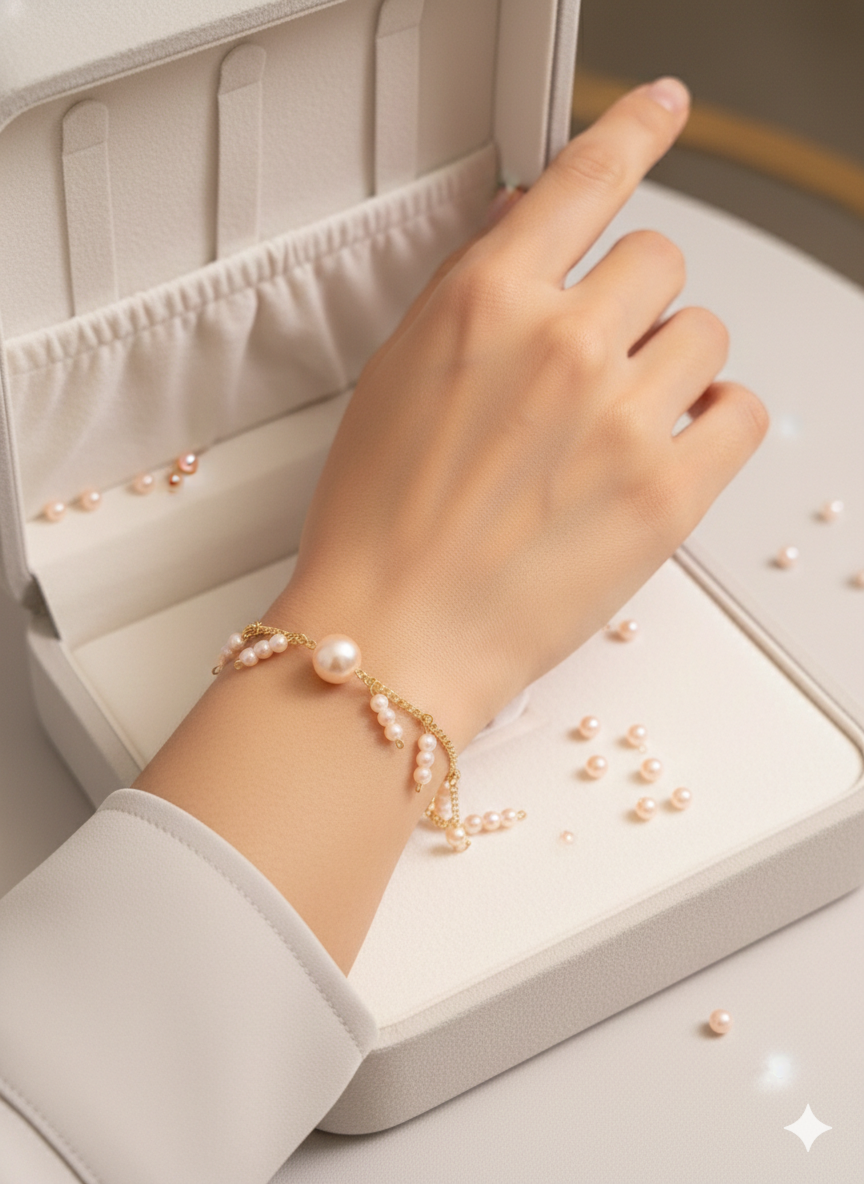 ShivAura Pink Pearl Charm Bracelet with Gold Finish Chain | Elegant Handmade Jewellery for Women