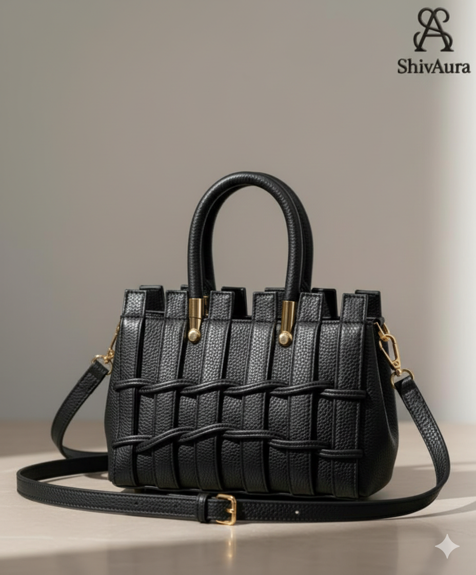 ShivAura Women’s Black Woven Top Handle Handbag | Premium PU Leather Designer Purse | Elegant Office, Party & Casual Wear Bag