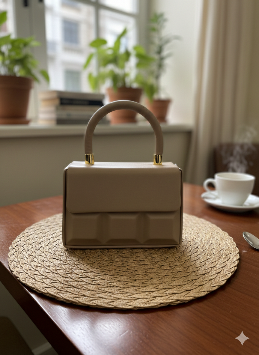 ShivAura Sculpted Elegance Top-Handle Bag – Minimalist Geometric Structured Handbag in Sand Beige