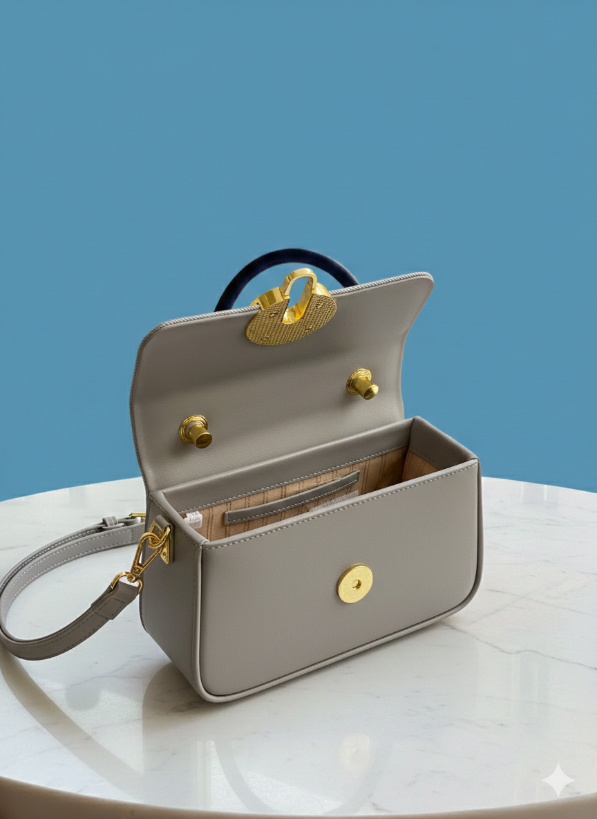 Elegant Grey Structured Top Handle Handbag with Gold Lock – Premium Minimalist Shoulder & Hand Carry Bag for Women
