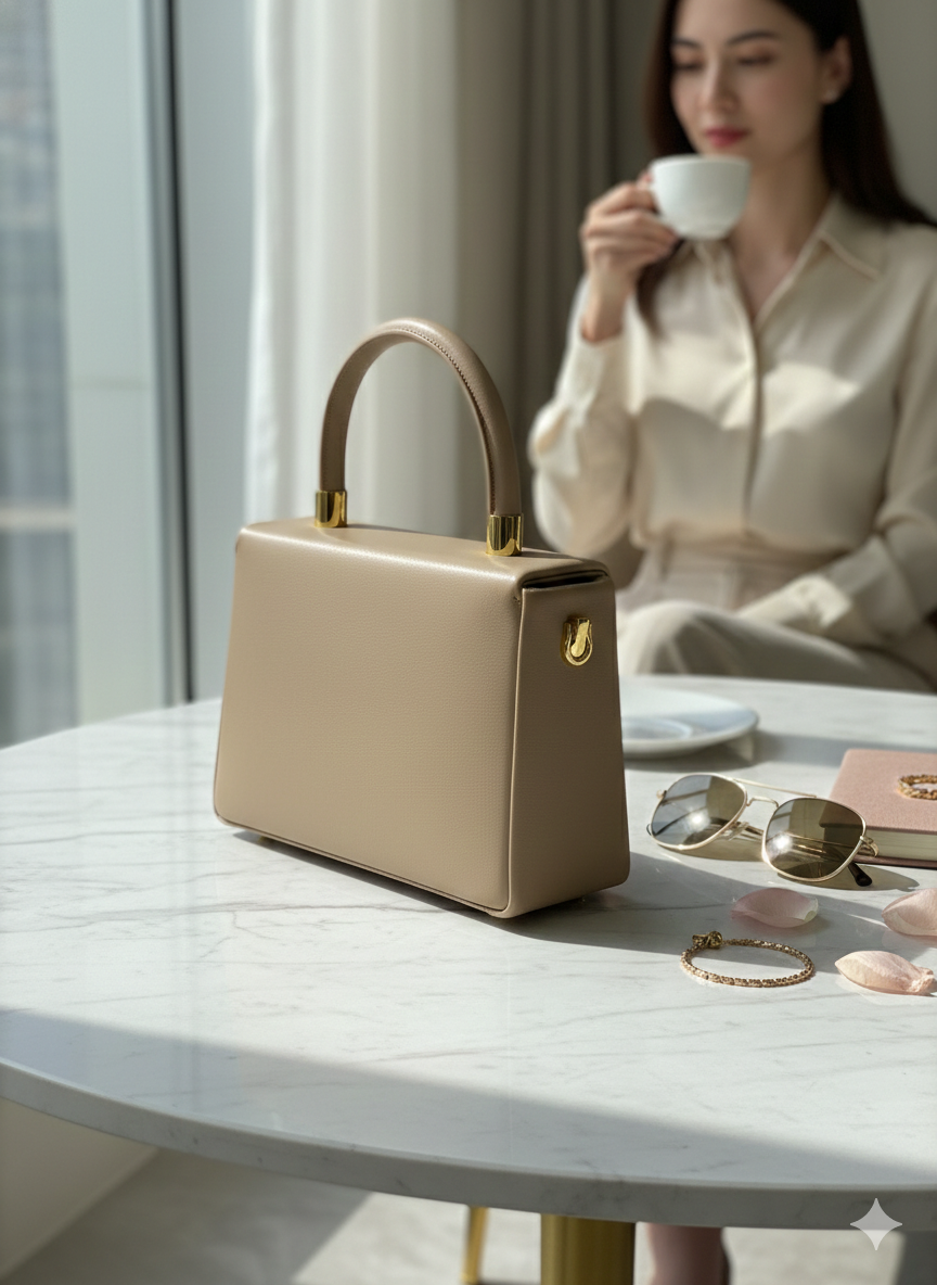ShivAura Sculpted Elegance Top-Handle Bag – Minimalist Geometric Structured Handbag in Sand Beige