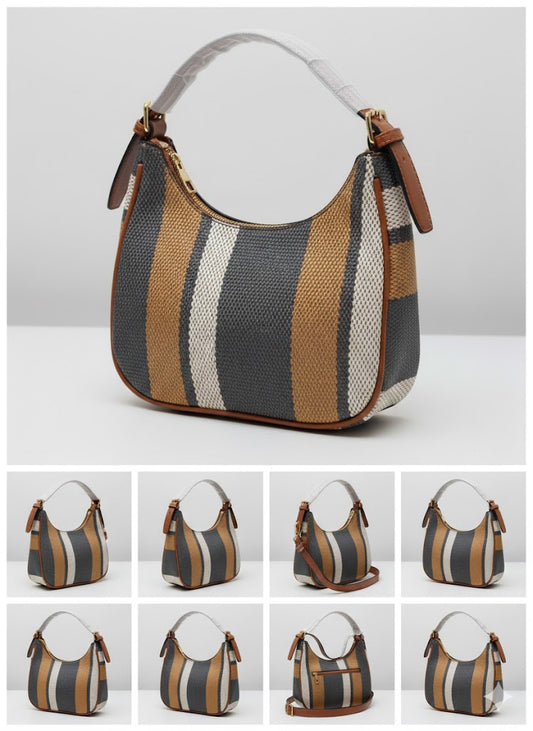 ShivAura Striped Woven Shoulder Bag for Women – Stylish Mini Hobo Handbag with Front Zip Pocket & Premium Finish